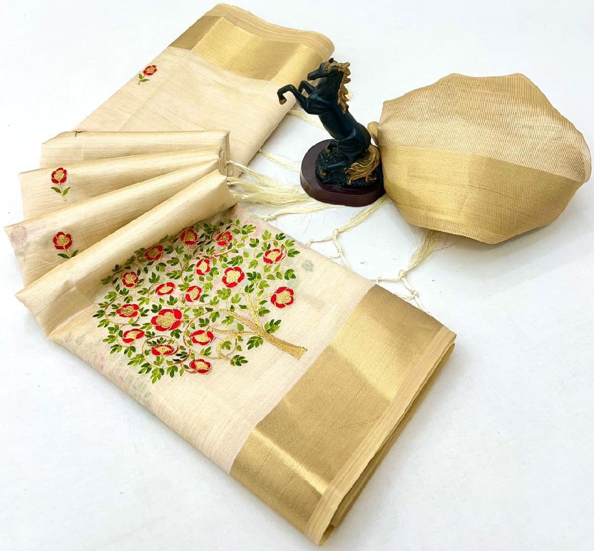 Pure Tissue Kerala Kasavu Saree Collection - Green — Tissue Cotton fabric — Sarees — from Kerala — buy online India