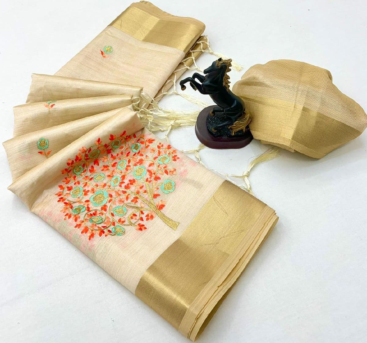 Pure Tissue Kerala Kasavu Saree - Orange — Tissue fabric — Sarees — from Kerala — buy online India
