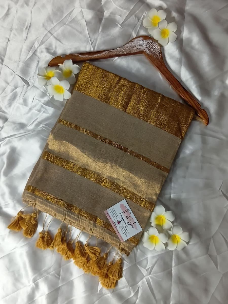 ONAM Special Trending - Golden Tissue Silk Saree with Pom-Pom Tassels
