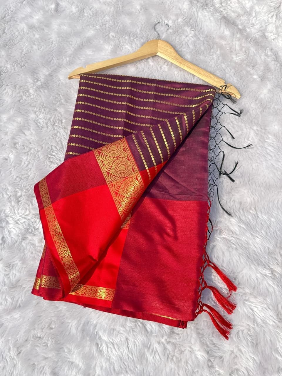 Semi red kanchivaram saree — semi silk fabric — Sarees — buy online India