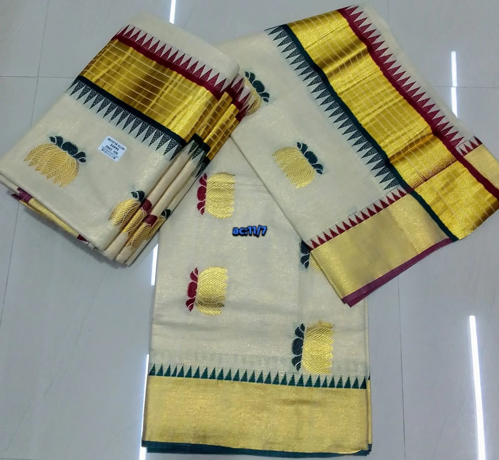 Kerala Tissue Lotus Embroidery Set Saree