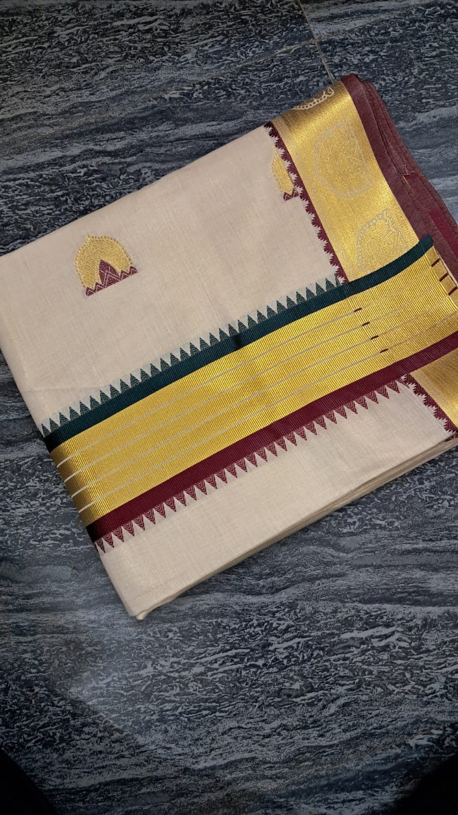 Dual-Tone Small Mokku Temple Border — Cotton fabric — Sarees — from Kerala — buy online India