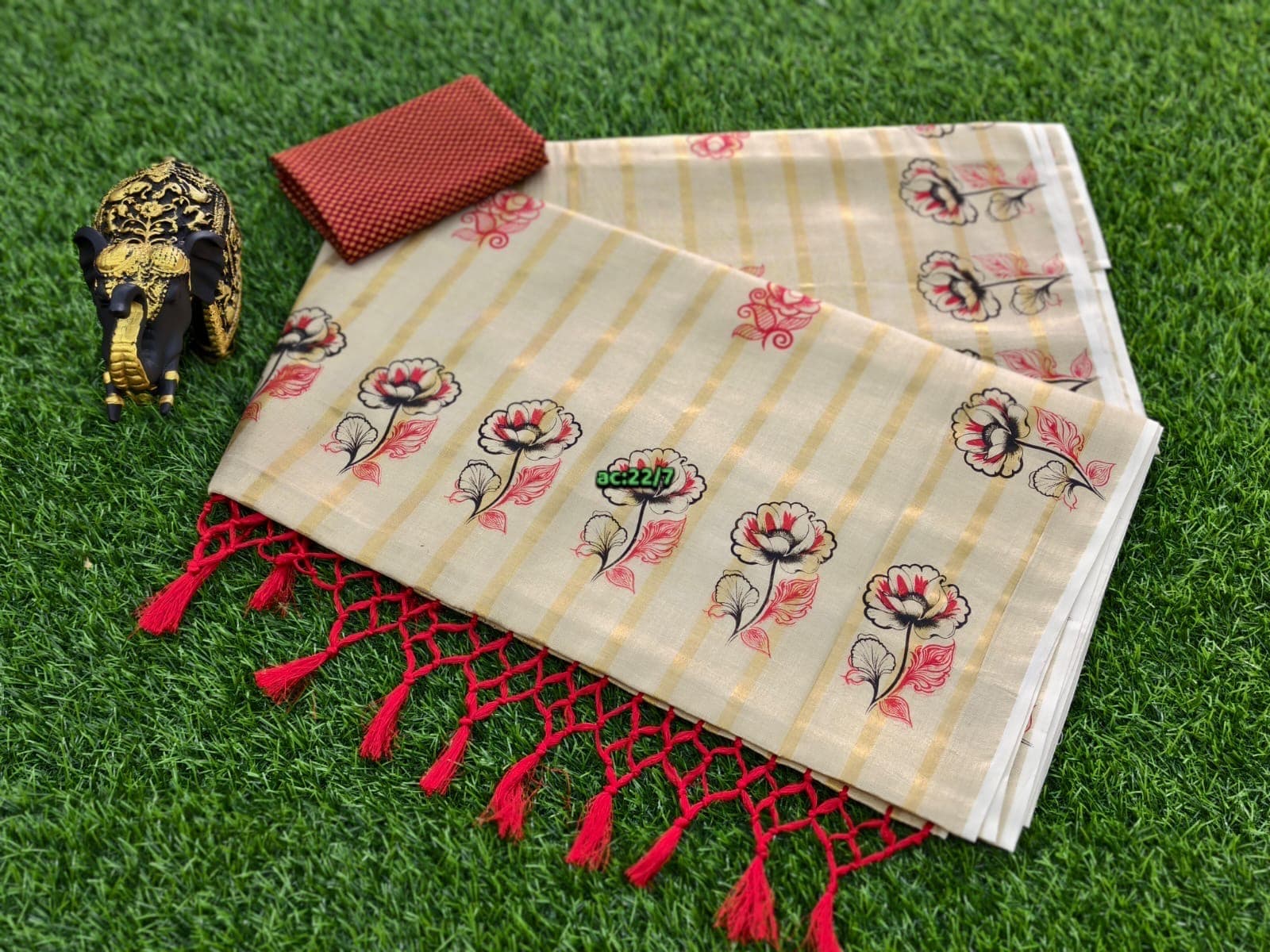 Premium Tissue Stripe Set Saree — Tissue Cotton fabric — Sarees — from Kerala — buy online India