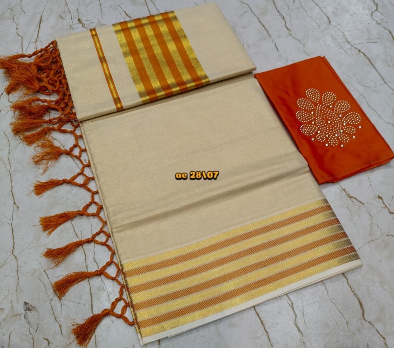 Premium Golden Tissue Saree with Fancy Kunjalam & 5x5 Border — Tissue Cotton fabric — Sarees — from Kerala Kuthampully — buy online India