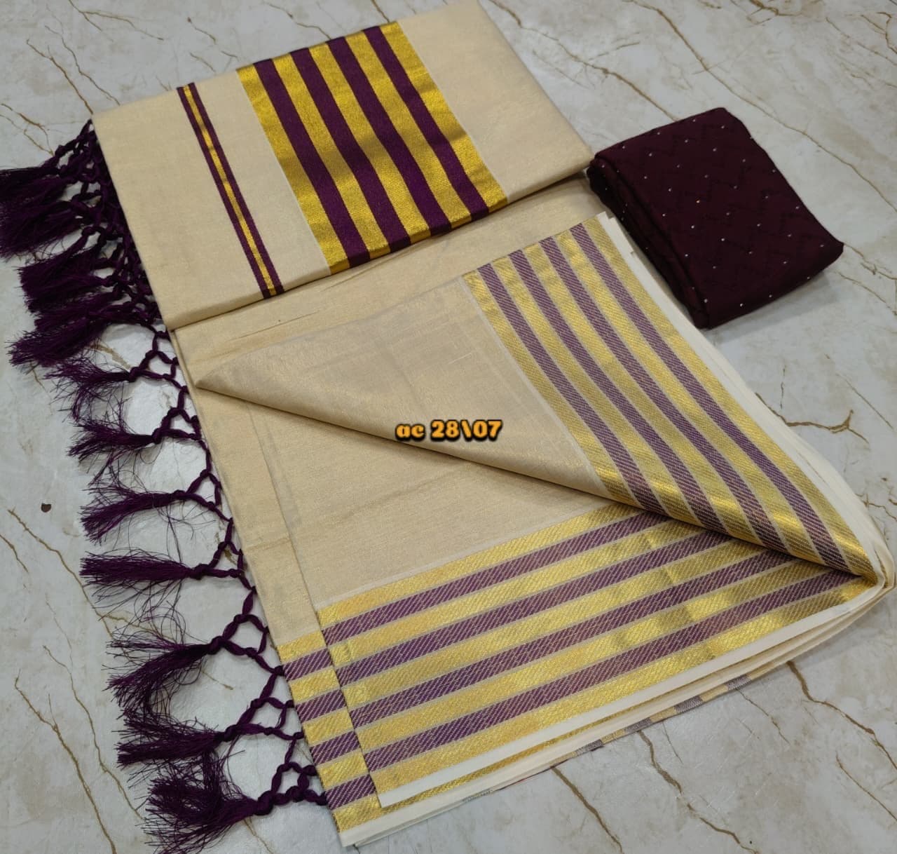 Premium Golden Tissue Saree with Fancy Kunjalam & 5x5 Border
