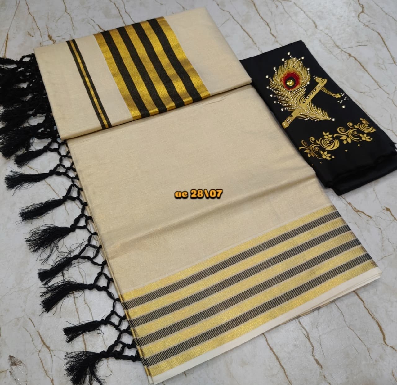 Premium Golden Tissue Saree with Fancy Kunjalam & 5x5 Border